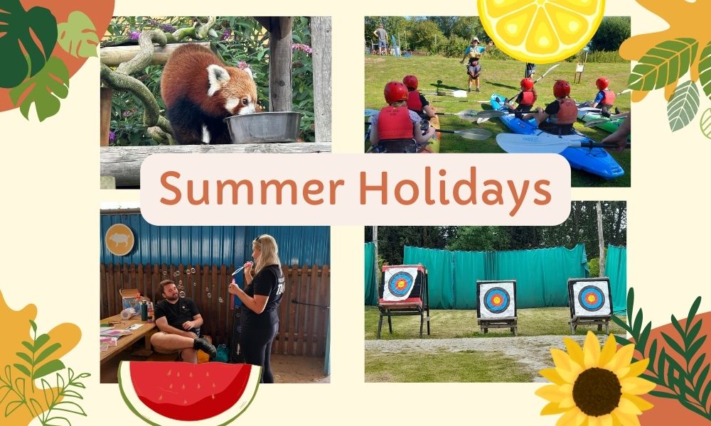 Summer holidays collage with flowers and fruit decorating the frame. The pictures in the collage are:  a red panda eating from a bowl, young people in canoes, two people blowing bubbles at each other, three archery targets.