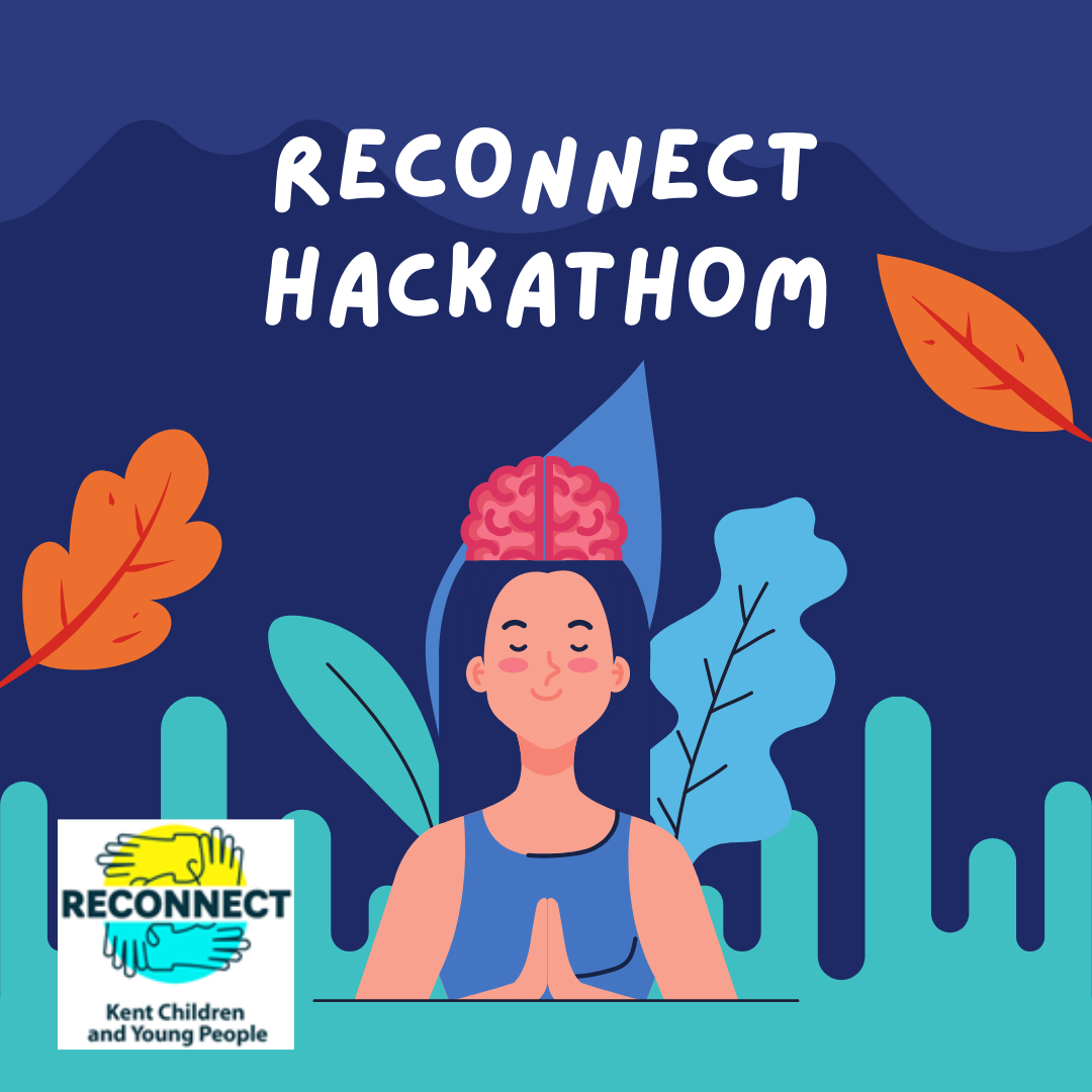 Title of Reconnect Hackathon. An illustration of a girl with her brain exposed.
