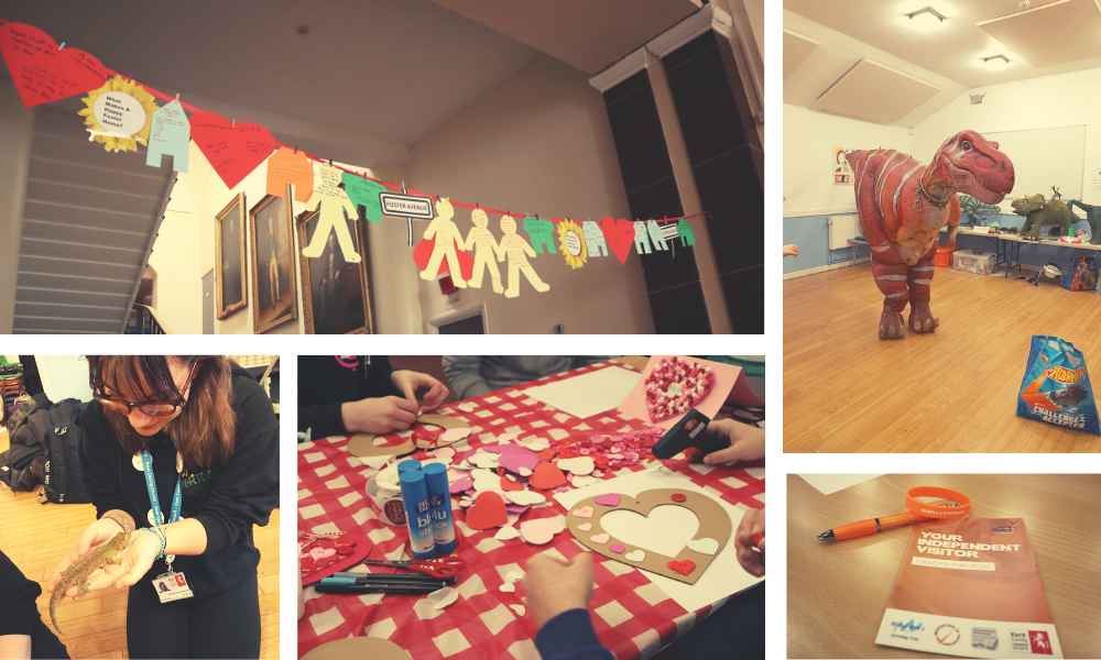 Collage of pictures: Writings from young people, dinosaur, kids making Valentine's crafts, YLF leaflet on a table.