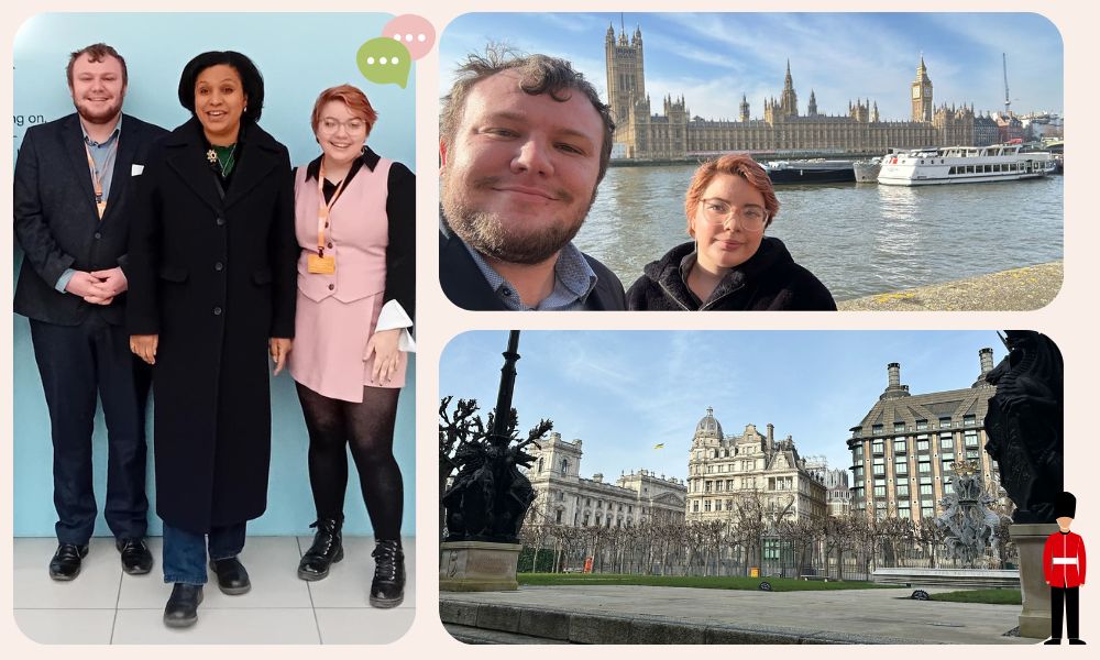 A collage of photos from the Parliament trip. Photo on the left includes Nathan, Janet Daby and Georgie. The top photo on the right is Nathan and Georgie in front of Parliament. The bottom photo on the right shows the courtyard within Parliament. 