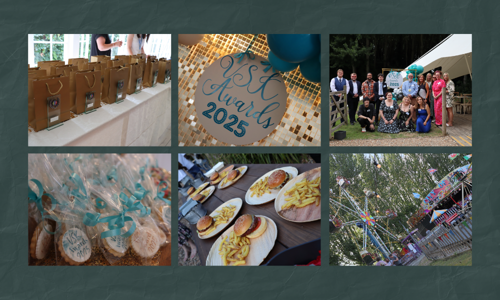 Collage of pictures from the Awards: Awards on a table, decorations, Participation Team group photo, food and fairground.