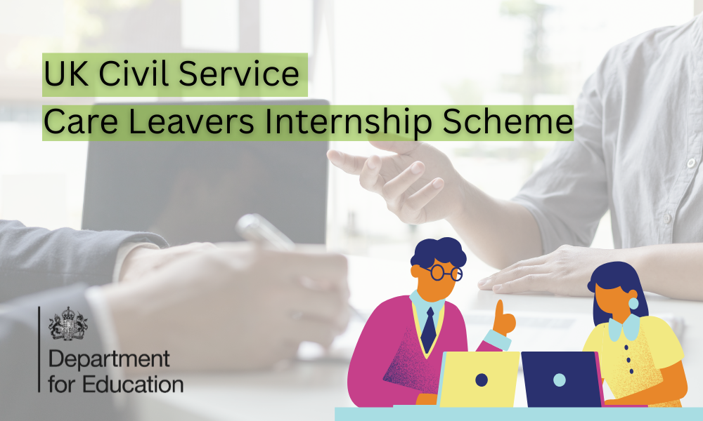 UK Civil Service Care Leavers Internship Scheme, Department for Education. Graphics of young people learning at their laptop with someone helping.