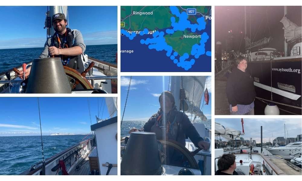 Collage of pictures (Map of the trip, Rob and Tom sailing the boat, sea view from the boat)